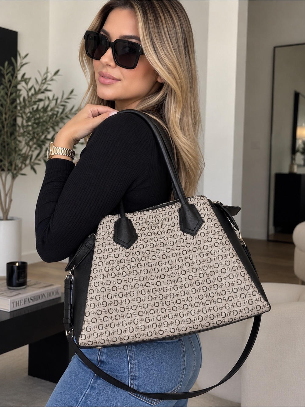 Black & Beige Monogram Tote Shoulder Bag